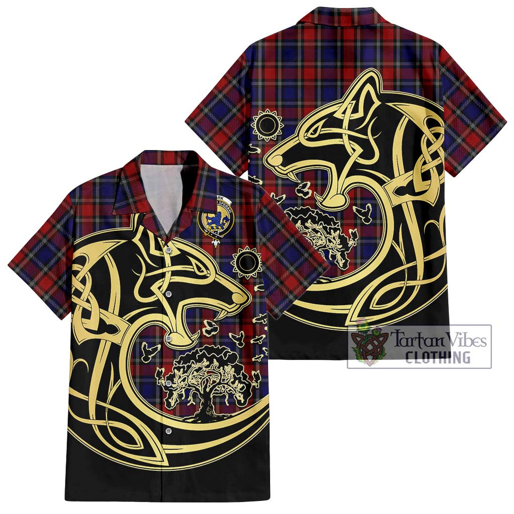 Clark (Lion) Red Tartan Short Sleeve Button Shirt with Family Crest Celtic Wolf Style Kid - Tartan Vibes Clothing