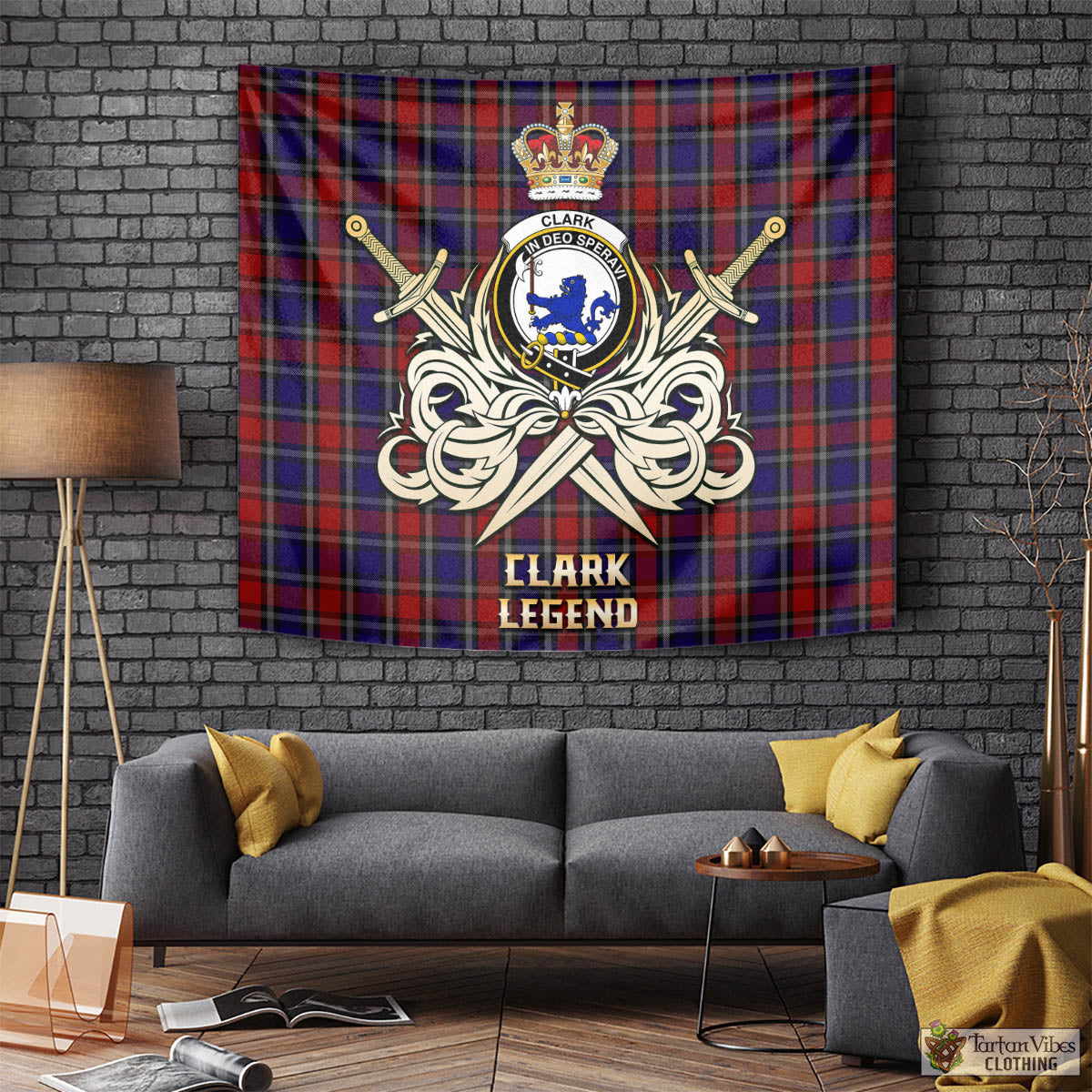 Tartan Vibes Clothing Clark (Lion) Red Tartan Tapestry with Clan Crest and the Golden Sword of Courageous Legacy