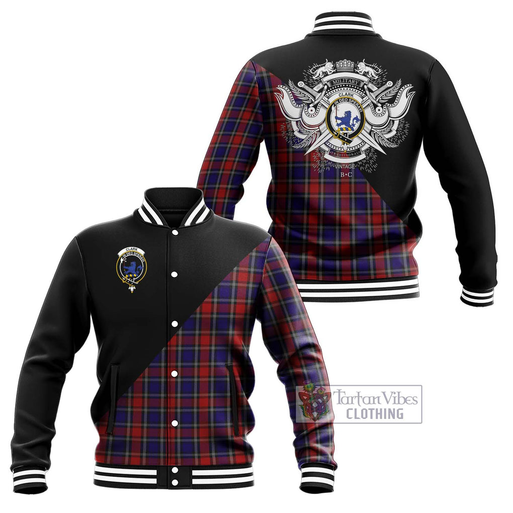 Clark (Lion) Red Tartan Baseball Jacket with Family Crest and Military Logo Style Unisex - Tartanvibesclothing Shop