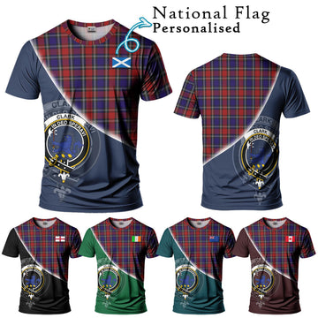 Clark (Lion) Red Tartan T-Shirt with Personalised National Flag and Family Crest Half Style