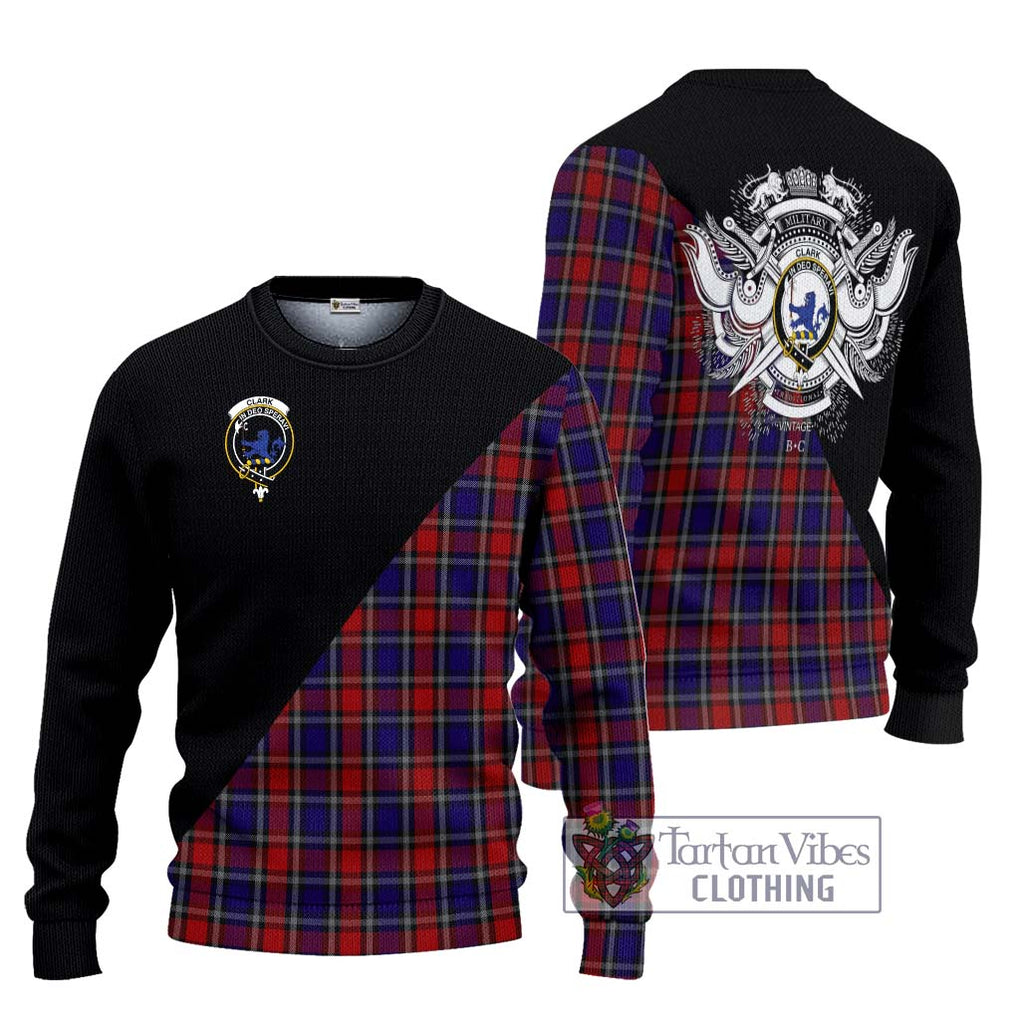 Clark (Lion) Red Tartan Knitted Sweater with Family Crest and Military Logo Style Unisex - Tartanvibesclothing Shop