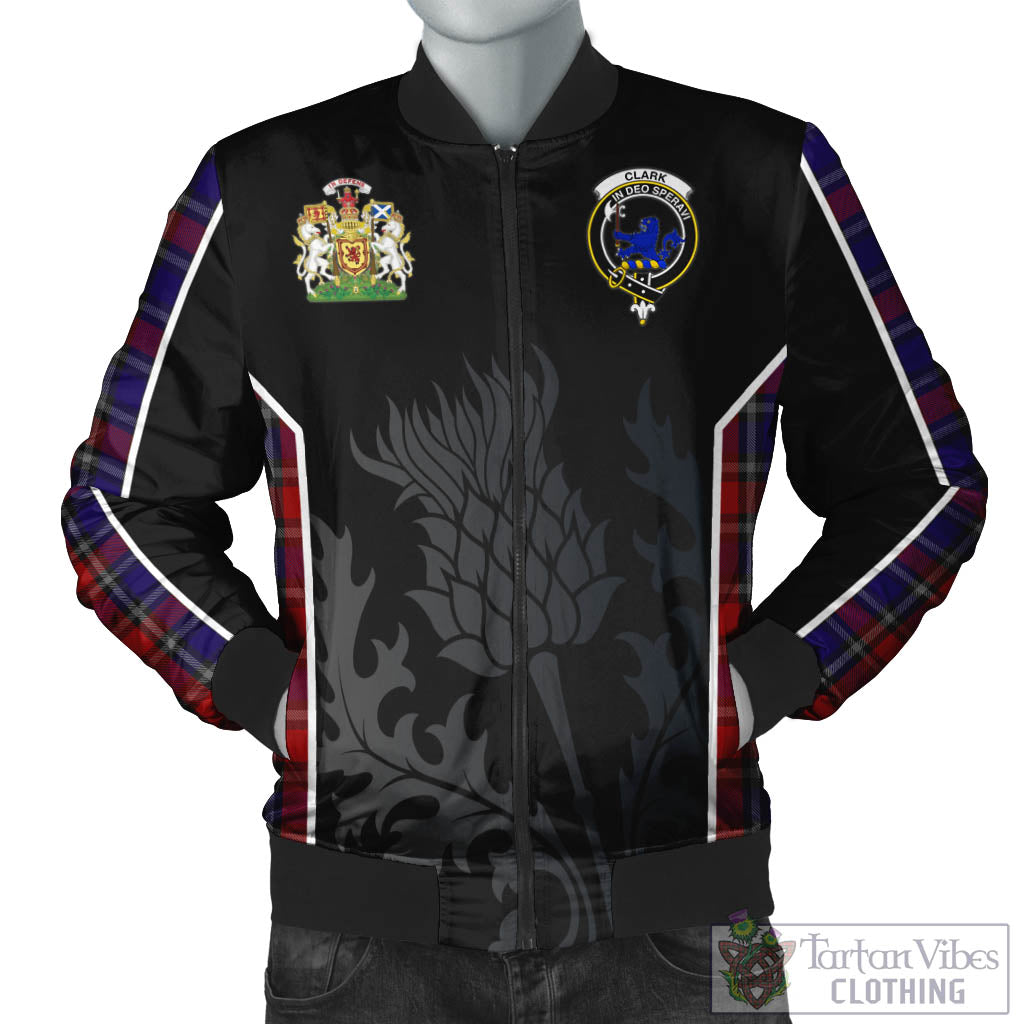 Tartan Vibes Clothing Clark (Lion) Red Tartan Bomber Jacket with Family Crest and Scottish Thistle Vibes Sport Style