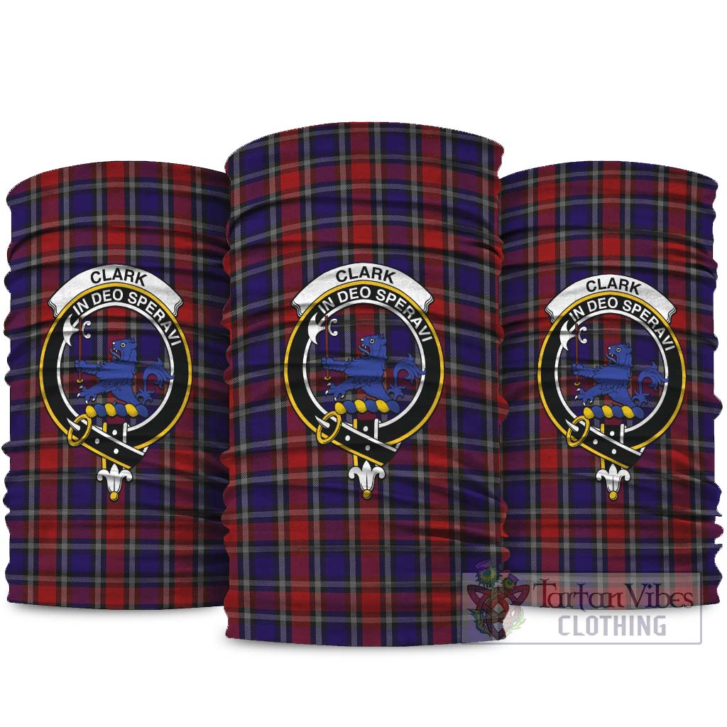 Clark (Lion) Red Tartan Neck Gaiters, Tartan Bandanas, Tartan Head Band with Family Crest