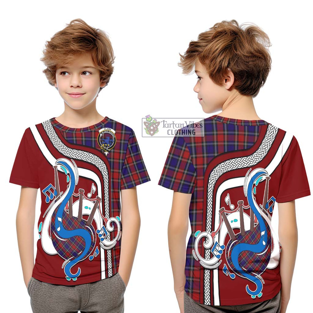 Tartan Vibes Clothing Clark (Lion) Red Tartan Kid T-Shirt with Epic Bagpipe Style