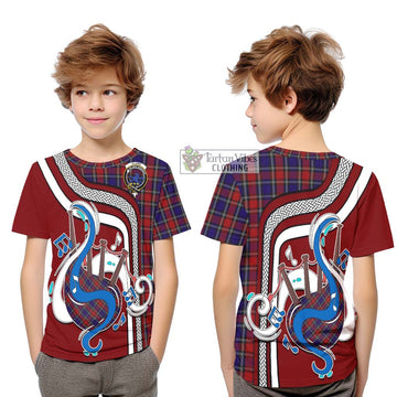 Clark (Lion) Red Tartan Kid T-Shirt with Epic Bagpipe Style