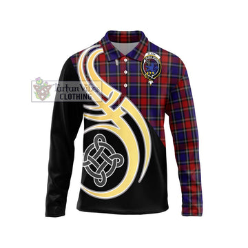 Clark (Lion) Red Tartan Long Sleeve Polo Shirt with Family Crest and Celtic Symbol Style