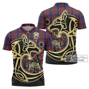 Clark (Lion) Red Tartan Zipper Polo Shirt with Family Crest Celtic Wolf Style