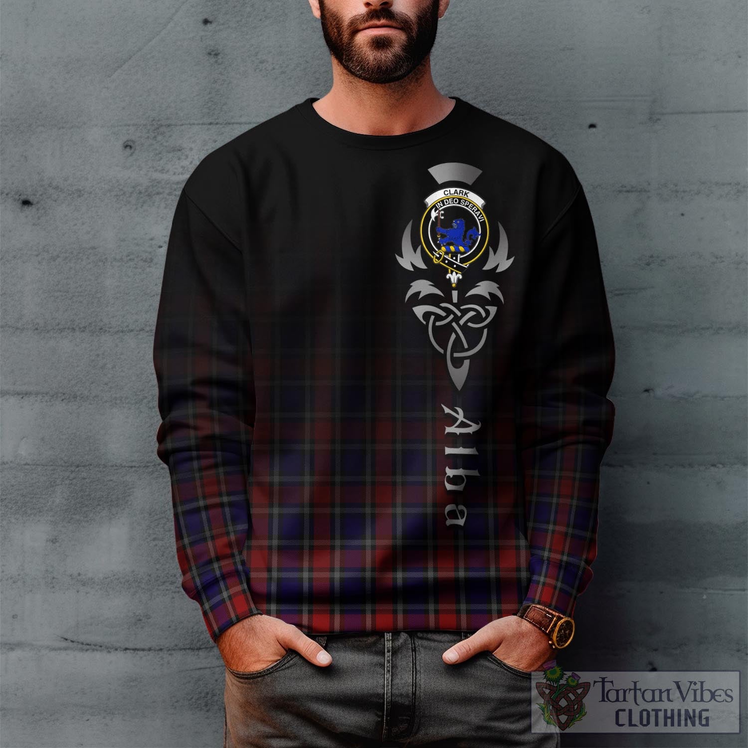 Tartan Vibes Clothing Clark (Lion) Red Tartan Sweatshirt Featuring Alba Gu Brath Family Crest Celtic Inspired