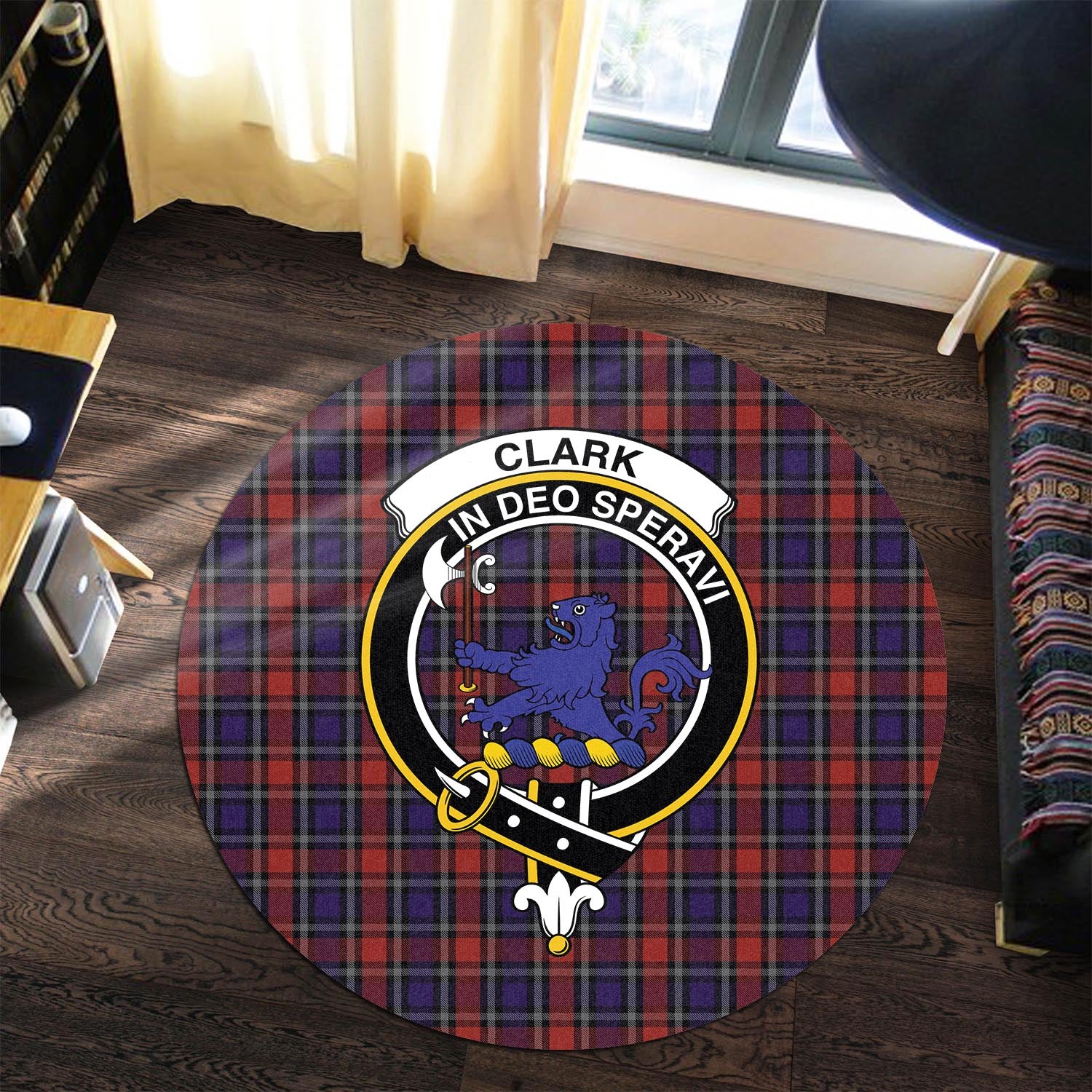 Clark (Lion) Red Tartan Round Rug with Family Crest - Tartanvibesclothing