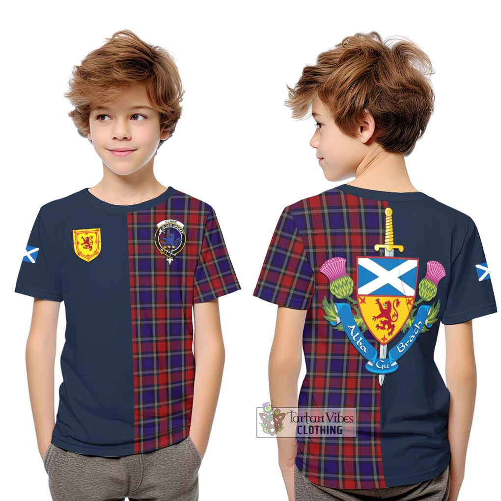 Tartan Vibes Clothing Clark (Lion) Red Tartan Kid T-Shirt with Scottish Lion Royal Arm Half Style