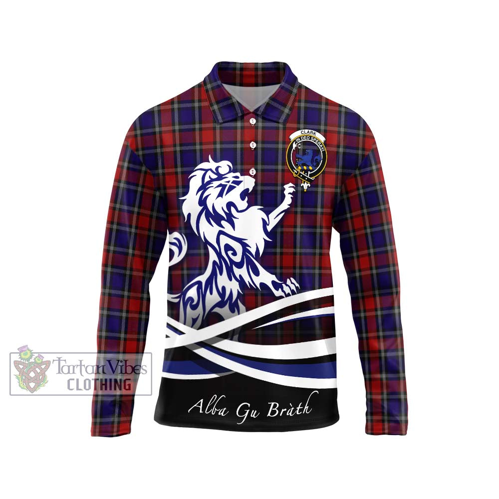 Clark (Lion) Red Tartan Long Sleeve Polo Shirt with Alba Gu Brath Regal Lion Emblem Unisex - Tartanvibesclothing Shop