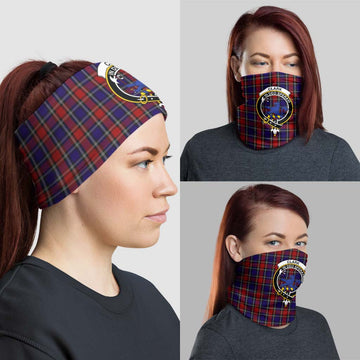 Clark (Lion) Red Tartan Neck Gaiters, Tartan Bandanas, Tartan Head Band with Family Crest