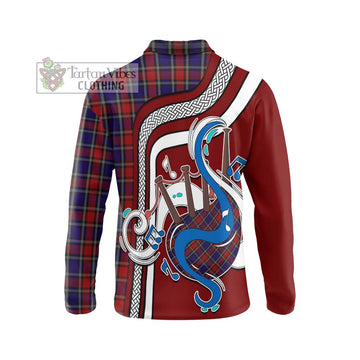 Clark (Lion) Red Tartan Long Sleeve Polo Shirt with Epic Bagpipe Style