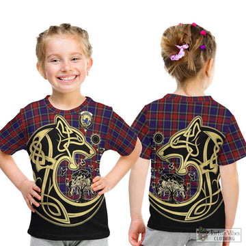 Clark (Lion) Red Tartan Kid T-Shirt with Family Crest Celtic Wolf Style