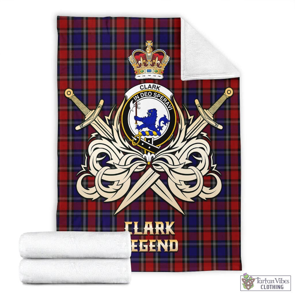 Tartan Vibes Clothing Clark (Lion) Red Tartan Blanket with Clan Crest and the Golden Sword of Courageous Legacy