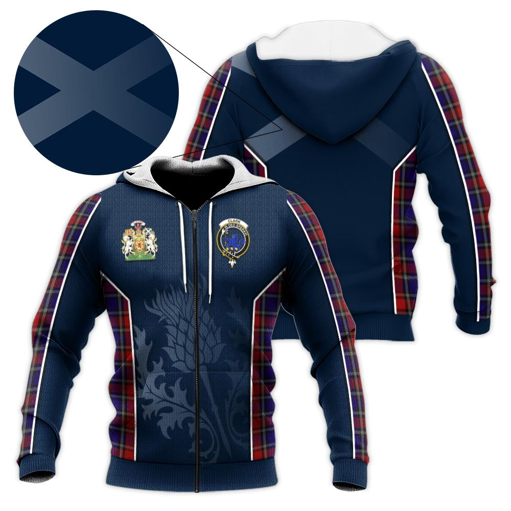 Tartan Vibes Clothing Clark (Lion) Red Tartan Knitted Hoodie with Family Crest and Scottish Thistle Vibes Sport Style