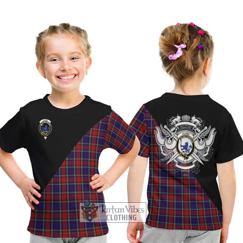 Clark (Lion) Red Tartan Kid T-Shirt with Family Crest and Military Logo Style - Tartanvibesclothing Shop