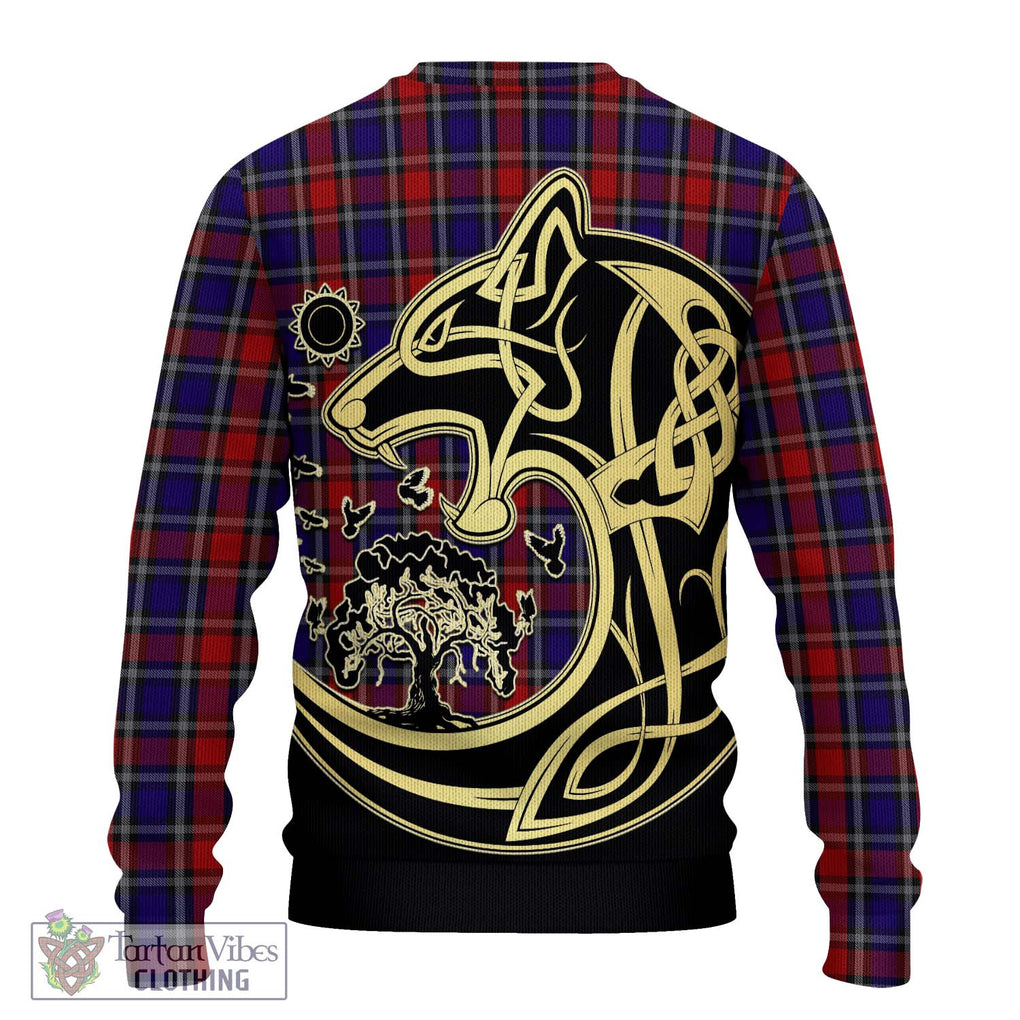 Clark (Lion) Red Tartan Knitted Sweater with Family Crest Celtic Wolf Style - Tartan Vibes Clothing