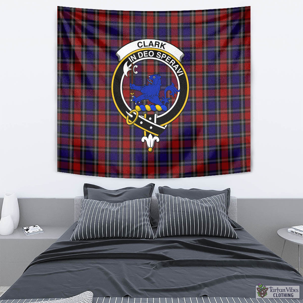 Tartan Vibes Clothing Clark (Lion) Red Tartan Tapestry Wall Hanging and Home Decor for Room with Family Crest