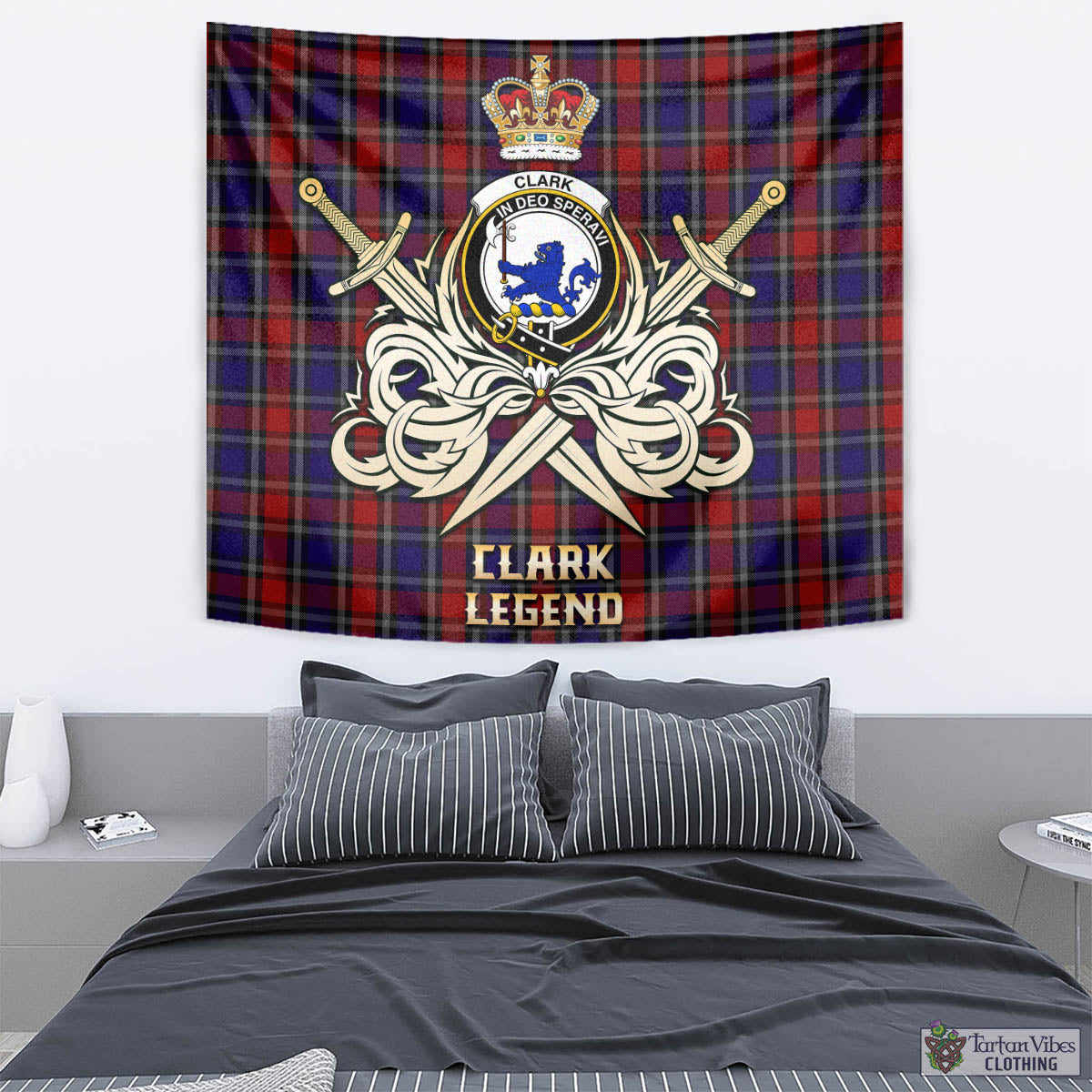 Tartan Vibes Clothing Clark (Lion) Red Tartan Tapestry with Clan Crest and the Golden Sword of Courageous Legacy