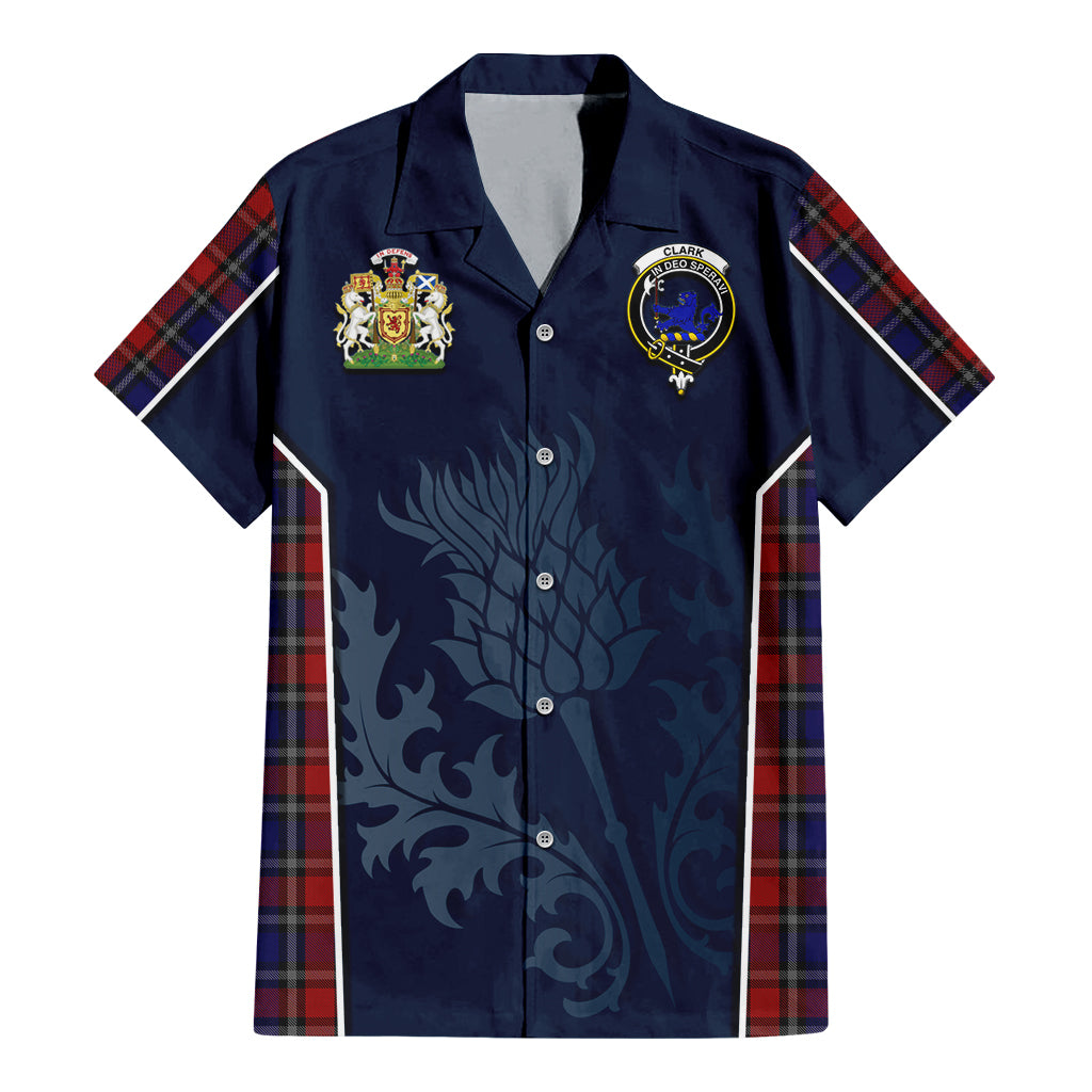 Tartan Vibes Clothing Clark (Lion) Red Tartan Short Sleeve Button Up Shirt with Family Crest and Scottish Thistle Vibes Sport Style