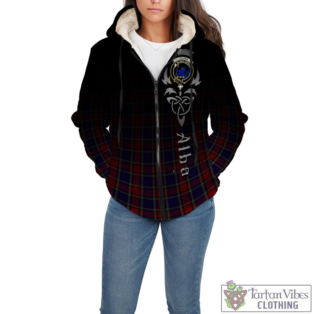 Tartan Vibes Clothing Clark (Lion) Red Tartan Sherpa Hoodie Featuring Alba Gu Brath Family Crest Celtic Inspired