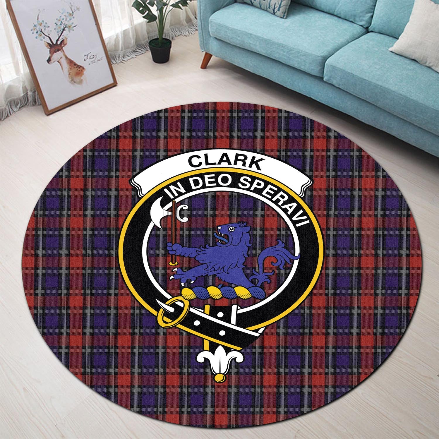 Clark (Lion) Red Tartan Round Rug with Family Crest - Tartanvibesclothing