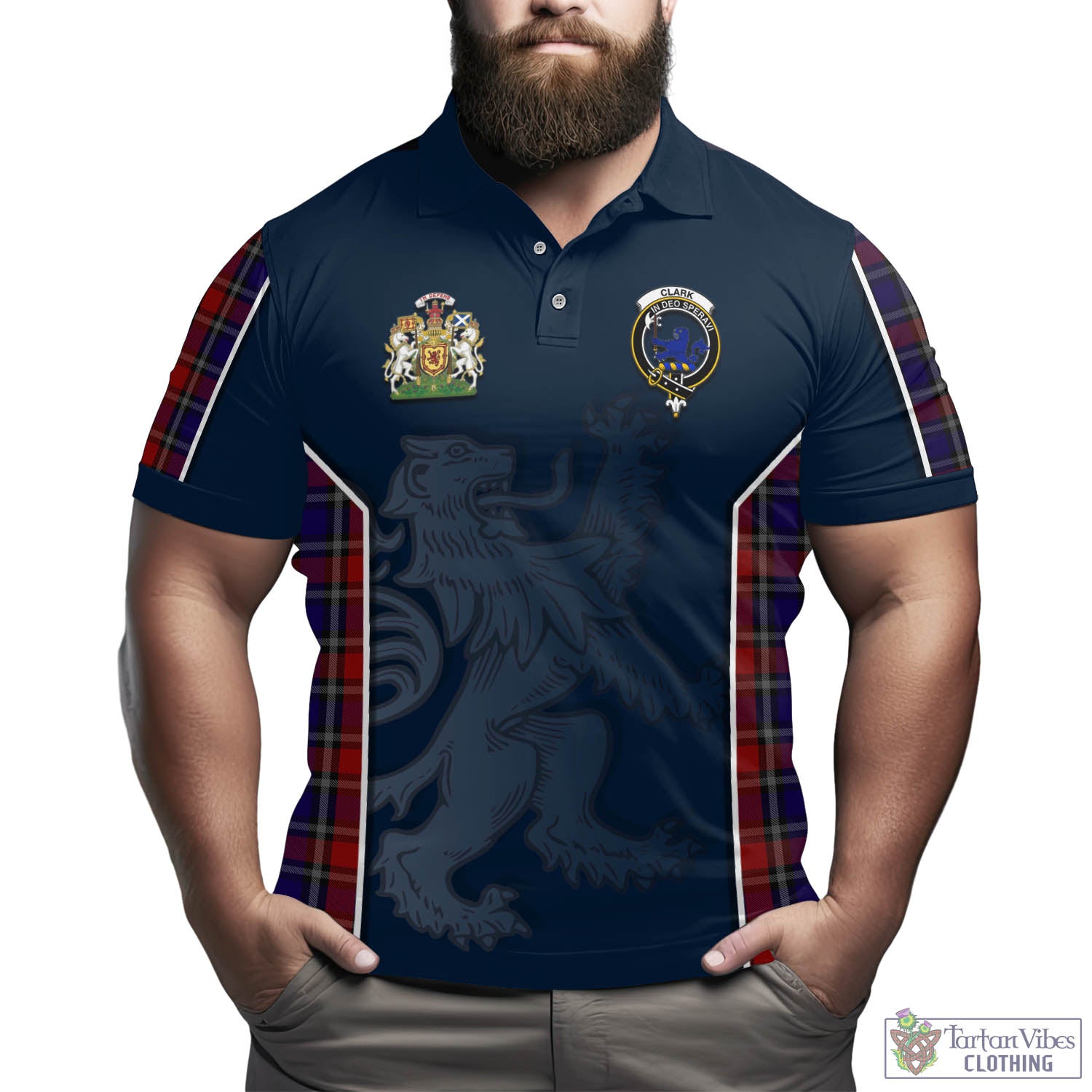 Tartan Vibes Clothing Clark (Lion) Red Tartan Men's Polo Shirt with Family Crest and Lion Rampant Vibes Sport Style