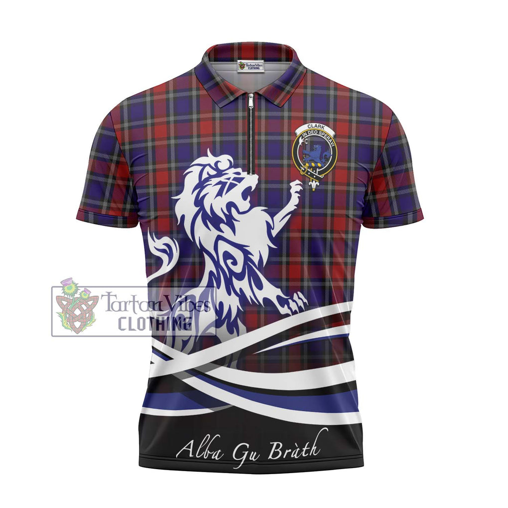 Clark (Lion) Red Tartan Zipper Polo Shirt with Alba Gu Brath Regal Lion Emblem - Tartanvibesclothing Shop