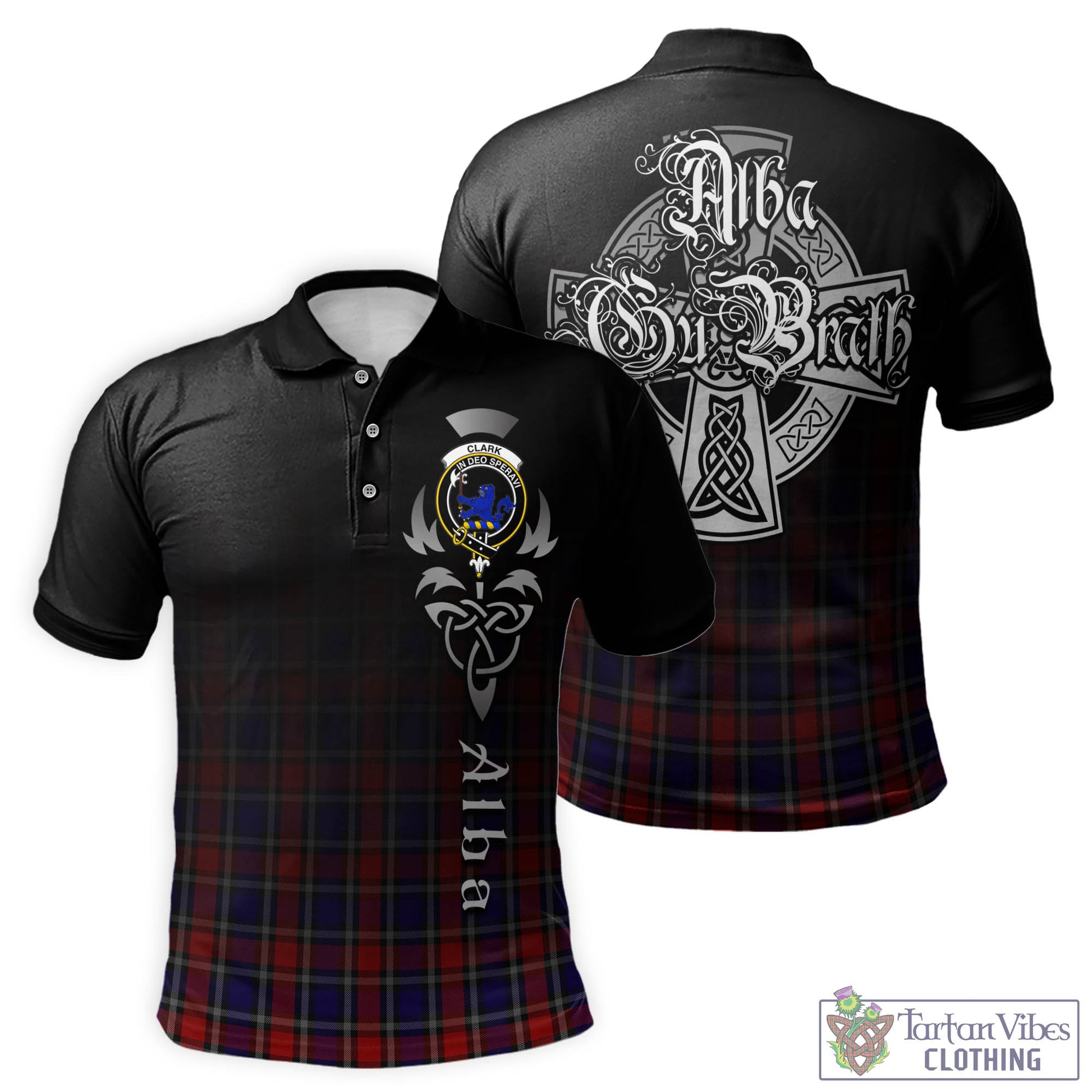 Tartan Vibes Clothing Clark (Lion) Red Tartan Polo Shirt Featuring Alba Gu Brath Family Crest Celtic Inspired