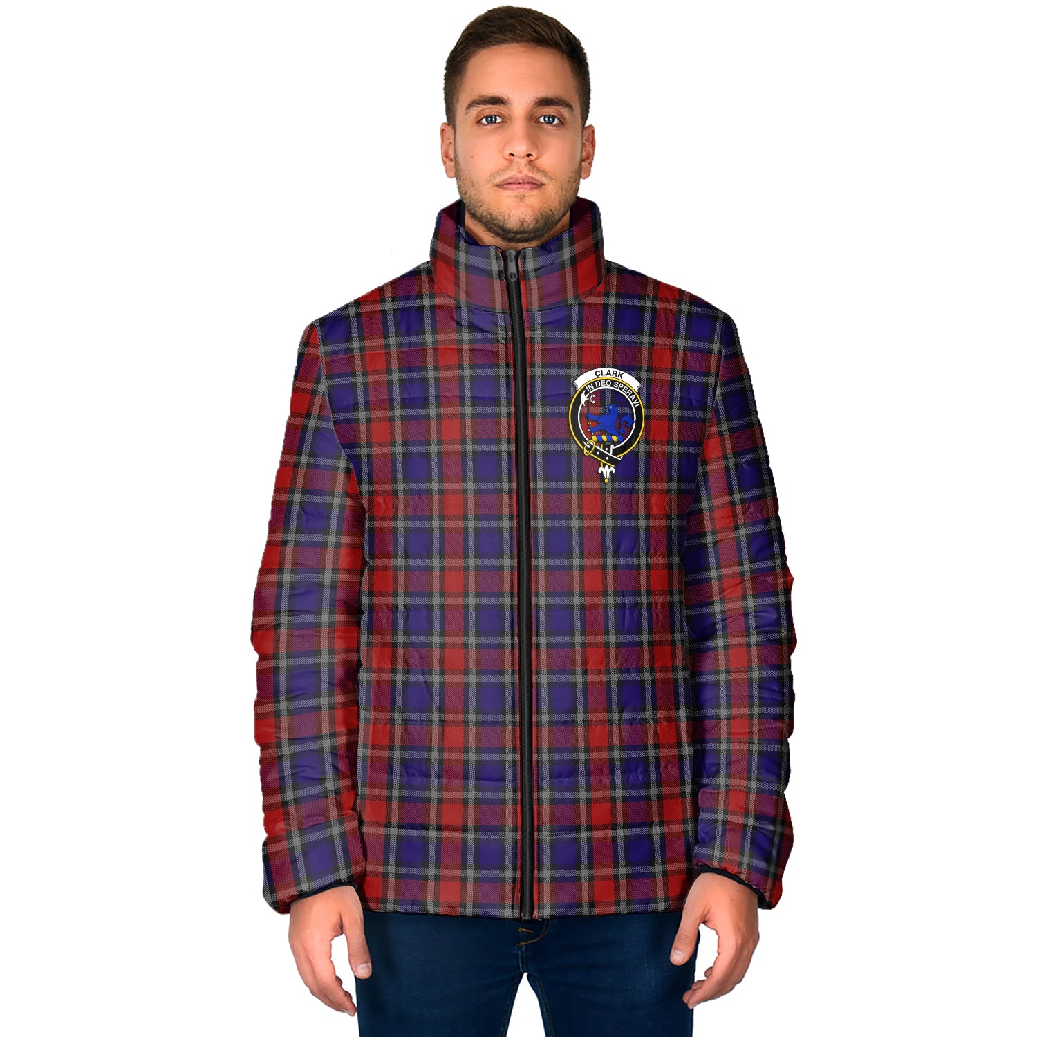 Clark (Lion) Red Tartan Padded Jacket with Family Crest - Tartan Vibes Clothing