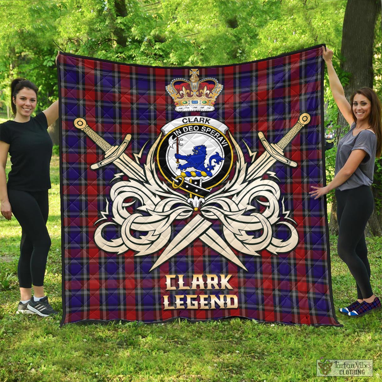 Tartan Vibes Clothing Clark (Lion) Red Tartan Quilt with Clan Crest and the Golden Sword of Courageous Legacy