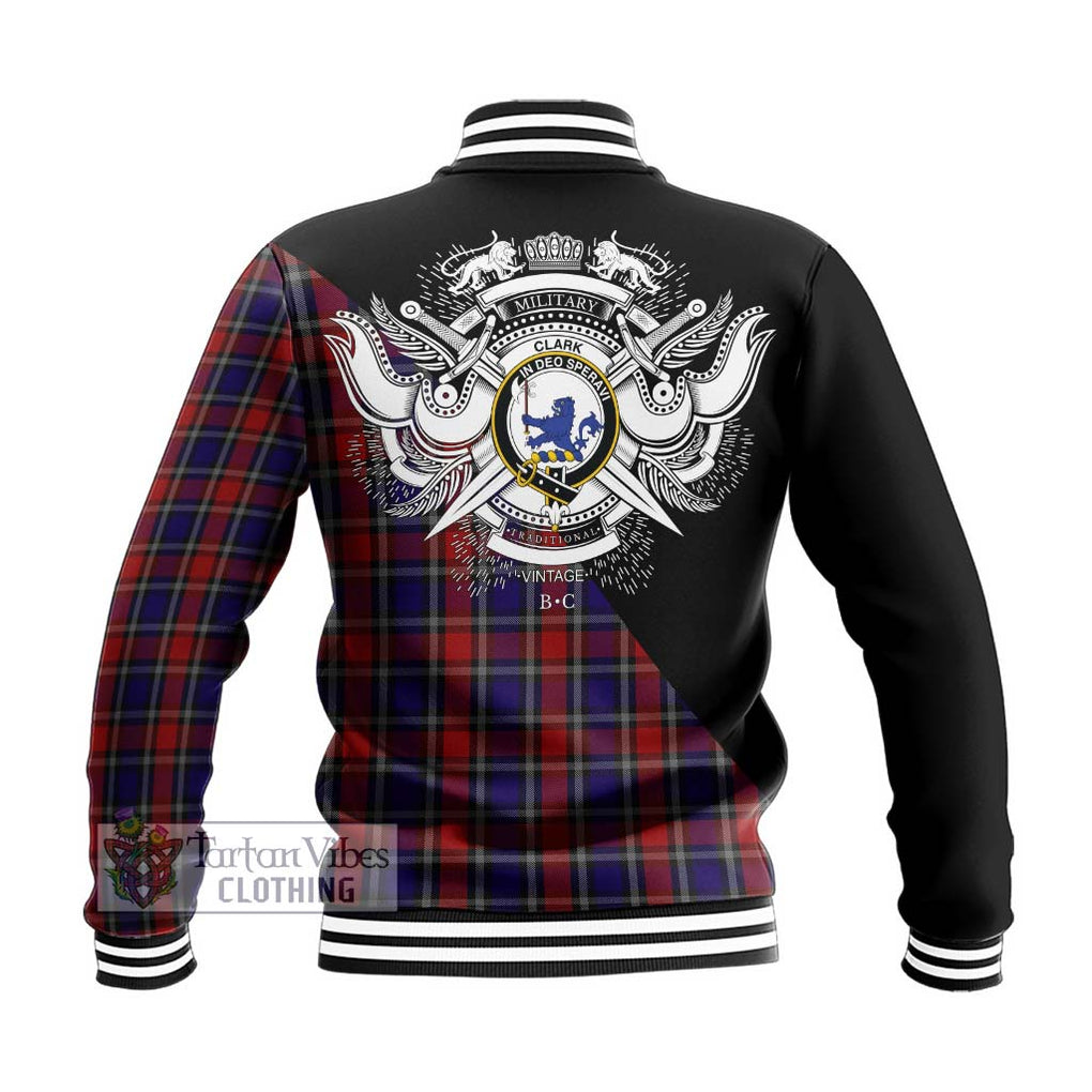 Clark (Lion) Red Tartan Baseball Jacket with Family Crest and Military Logo Style - Tartanvibesclothing Shop