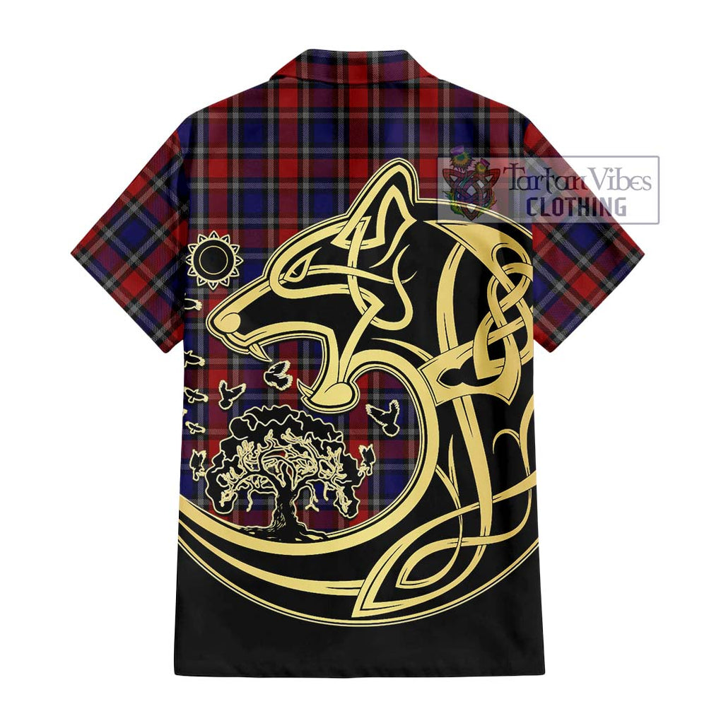 Clark (Lion) Red Tartan Short Sleeve Button Shirt with Family Crest Celtic Wolf Style - Tartan Vibes Clothing