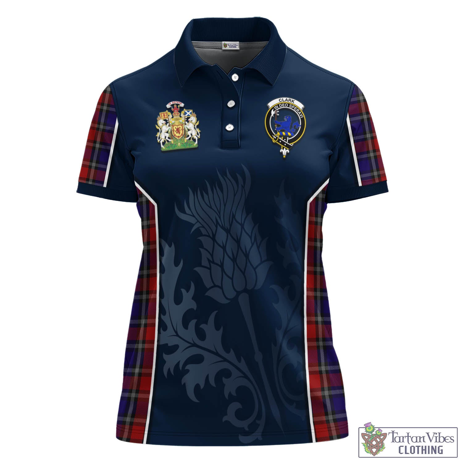 Tartan Vibes Clothing Clark (Lion) Red Tartan Women's Polo Shirt with Family Crest and Scottish Thistle Vibes Sport Style