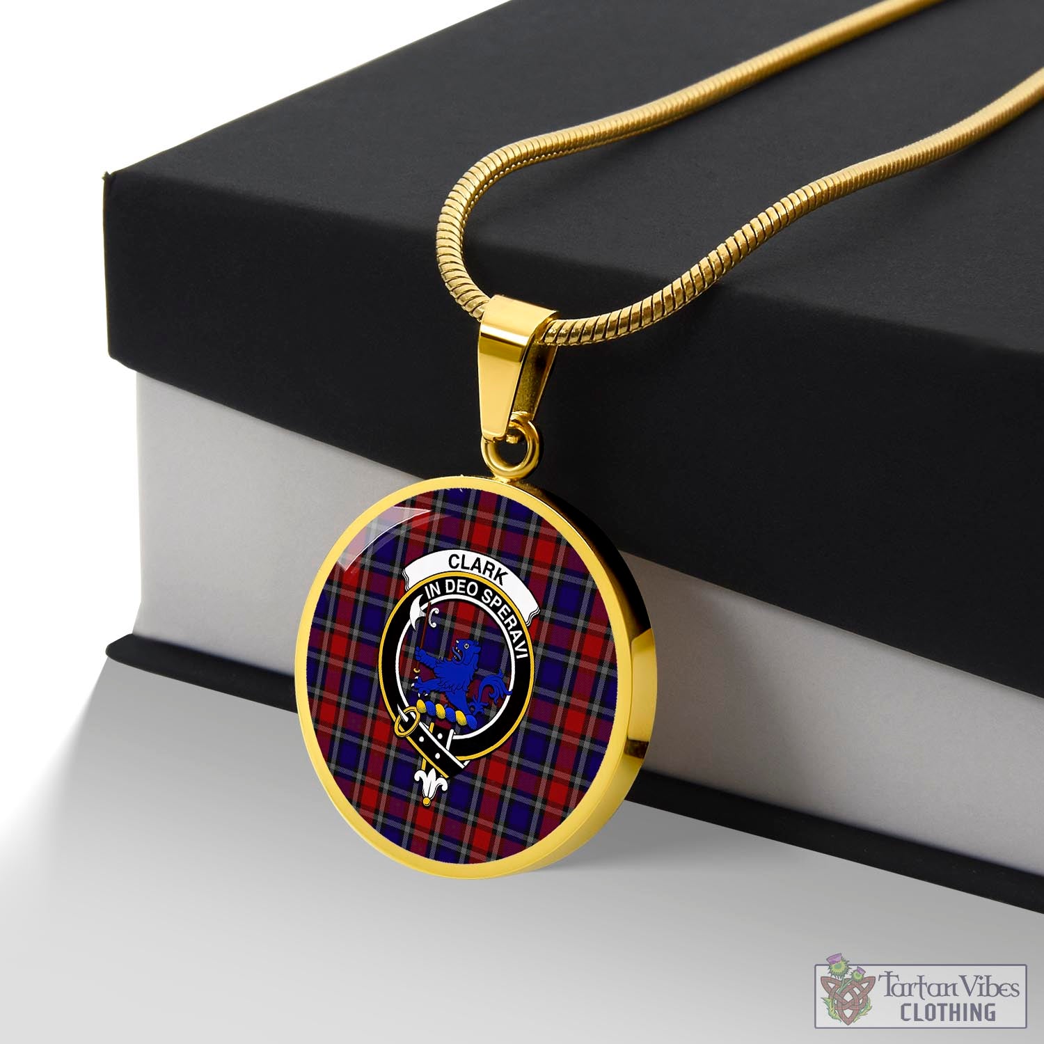 Tartan Vibes Clothing Clark (Lion) Red Tartan Circle Necklace with Family Crest