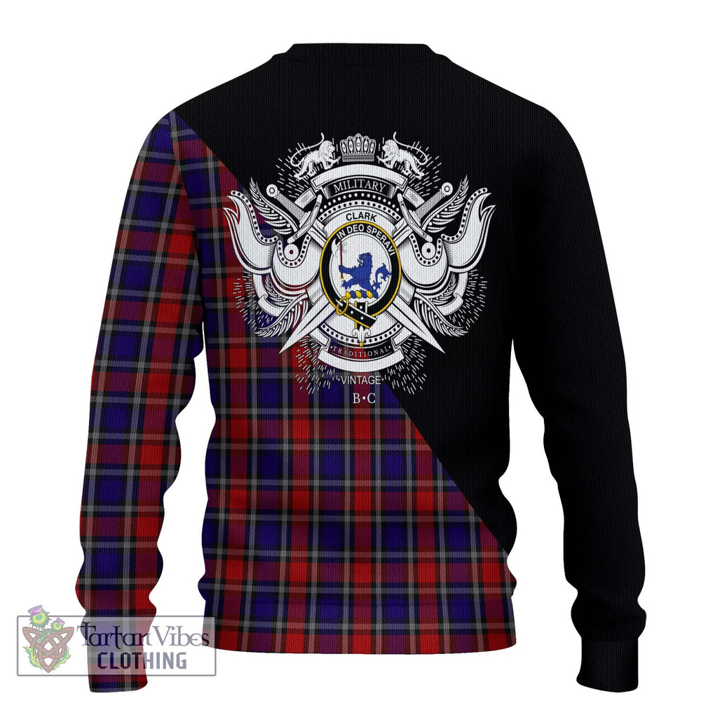 Clark (Lion) Red Tartan Knitted Sweater with Family Crest and Military Logo Style - Tartanvibesclothing Shop