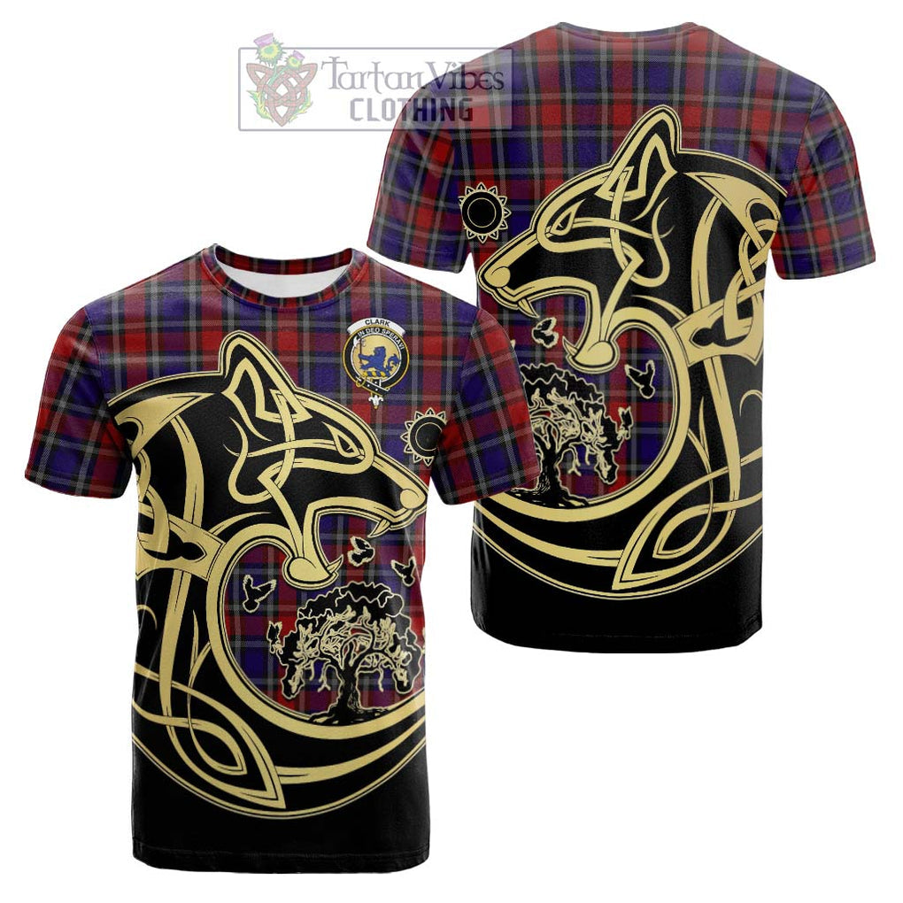 Tartan Vibes Clothing Clark (Lion) Red Tartan Cotton T-shirt with Family Crest Celtic Wolf Style