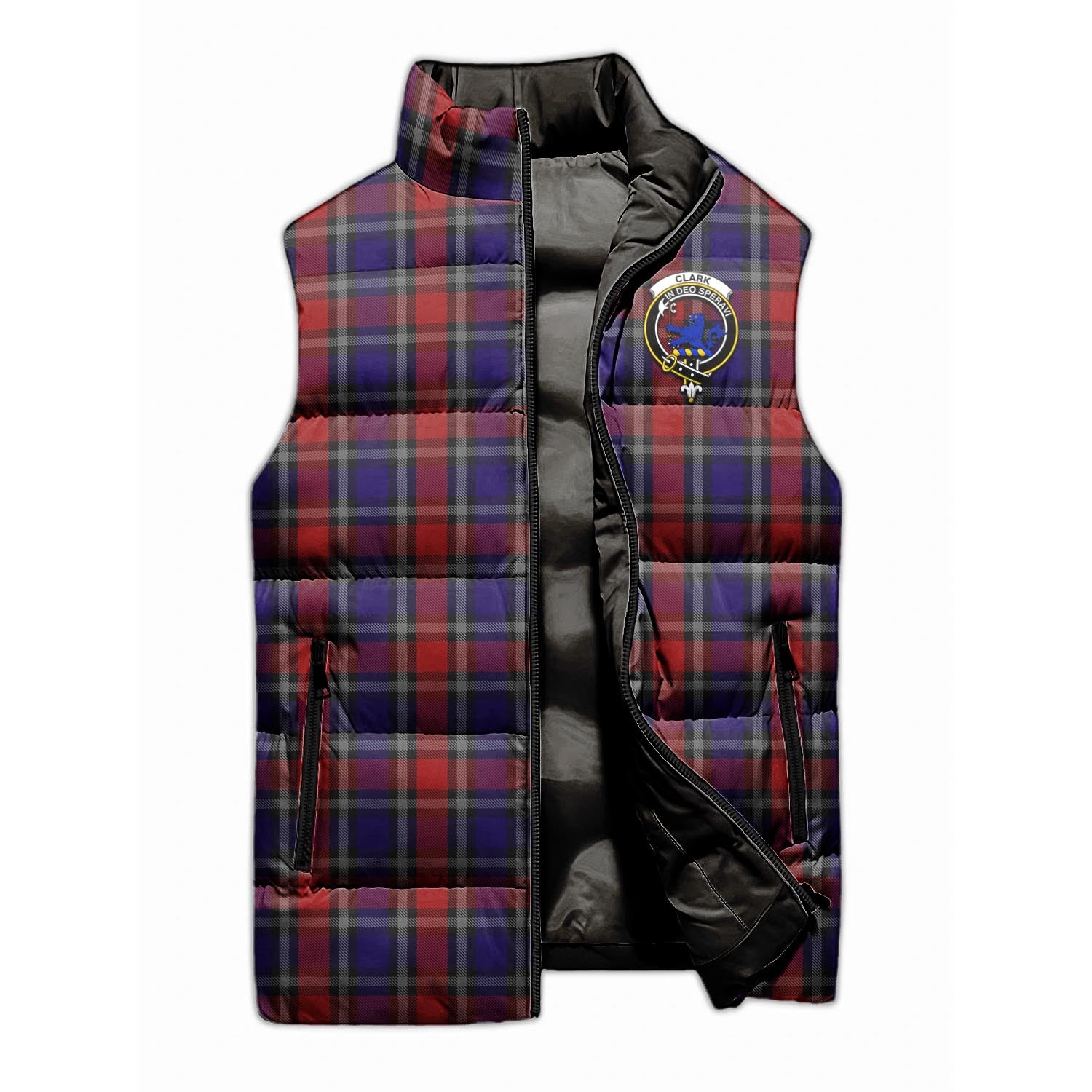 Clark (Lion) Red Tartan Sleeveless Puffer Jacket with Family Crest - Tartanvibesclothing