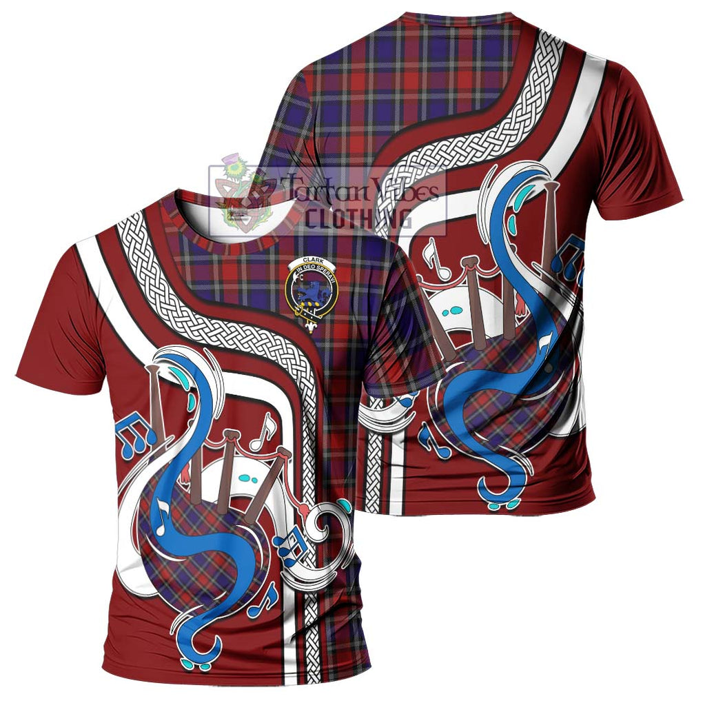 Clark (Lion) Red Tartan T-Shirt with Epic Bagpipe Style - Tartanvibesclothing Shop