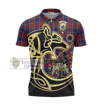 Clark (Lion) Red Tartan Zipper Polo Shirt with Family Crest Celtic Wolf Style