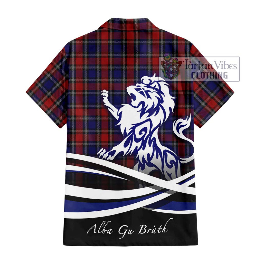 Clark (Lion) Red Tartan Short Sleeve Button Shirt with Alba Gu Brath Regal Lion Emblem - Tartanvibesclothing Shop