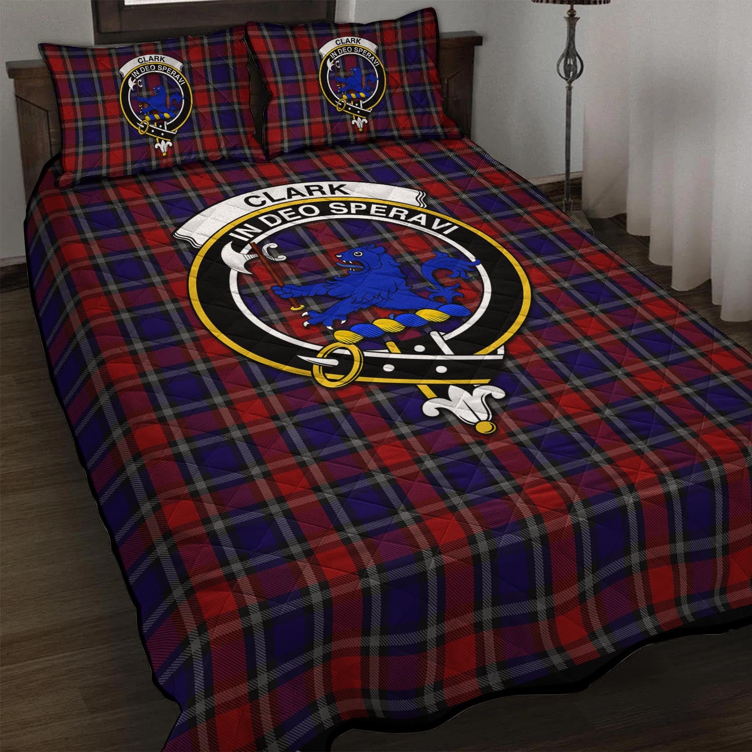 Clark (Lion) Red Tartan Quilt Bed Set with Family Crest - Tartan Vibes Clothing