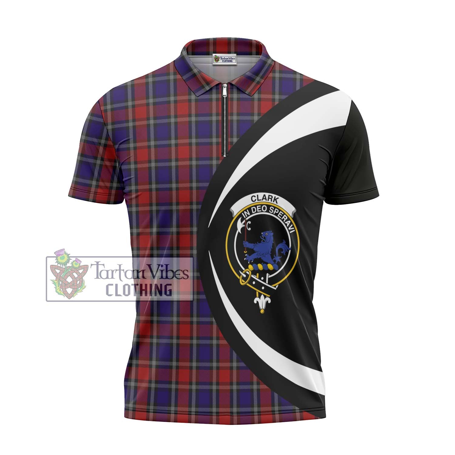 Tartan Vibes Clothing Clark (Lion) Red Tartan Zipper Polo Shirt with Family Crest Circle Style