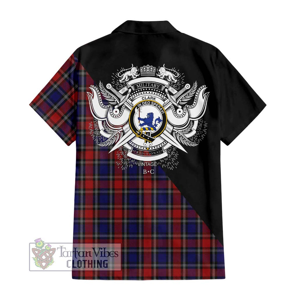 Clark (Lion) Red Tartan Short Sleeve Button Shirt with Family Crest and Military Logo Style - Tartanvibesclothing Shop