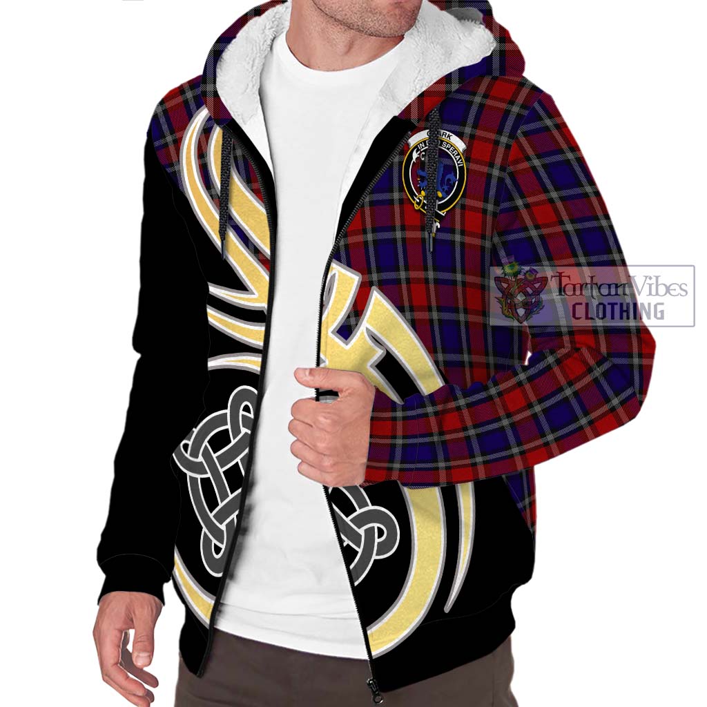 Clark (Lion) Red Tartan Sherpa Hoodie with Family Crest and Celtic Symbol Style - Tartan Vibes Clothing