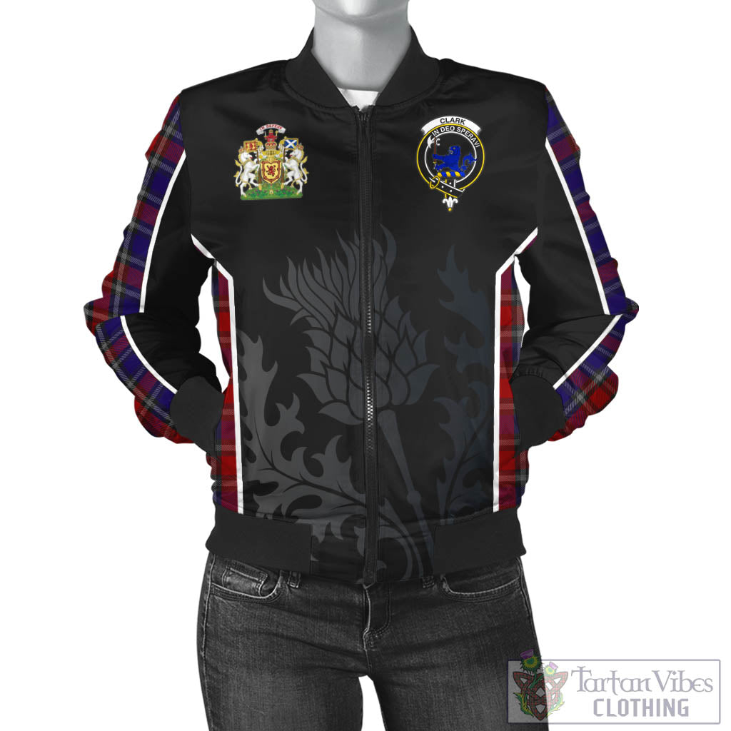 Tartan Vibes Clothing Clark (Lion) Red Tartan Bomber Jacket with Family Crest and Scottish Thistle Vibes Sport Style