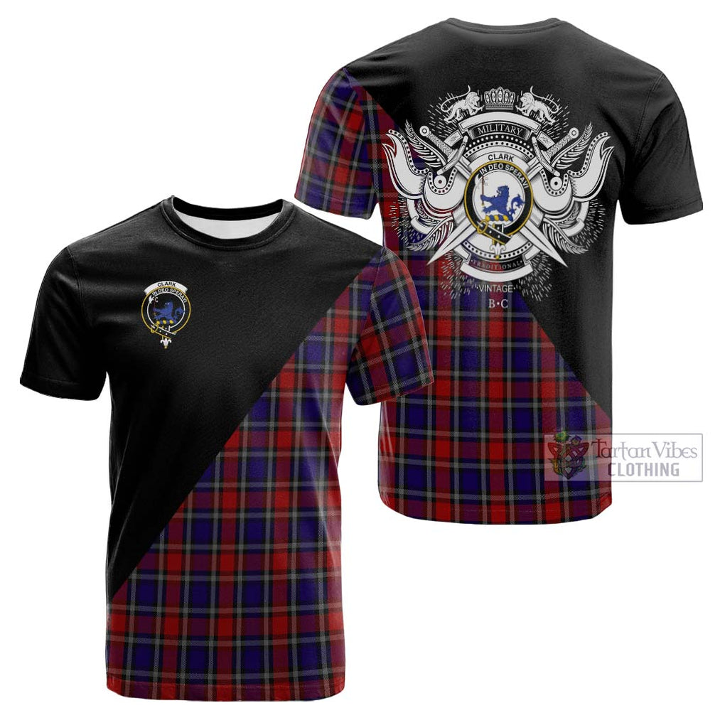 Tartan Vibes Clothing Clark (Lion) Red Tartan Cotton T-shirt with Family Crest and Military Logo Style