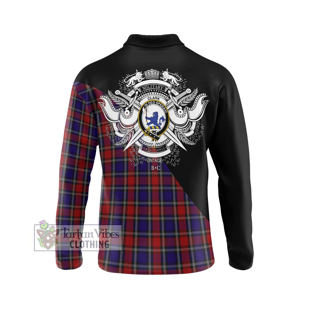 Clark (Lion) Red Tartan Long Sleeve Polo Shirt with Family Crest and Military Logo Style - Tartanvibesclothing Shop