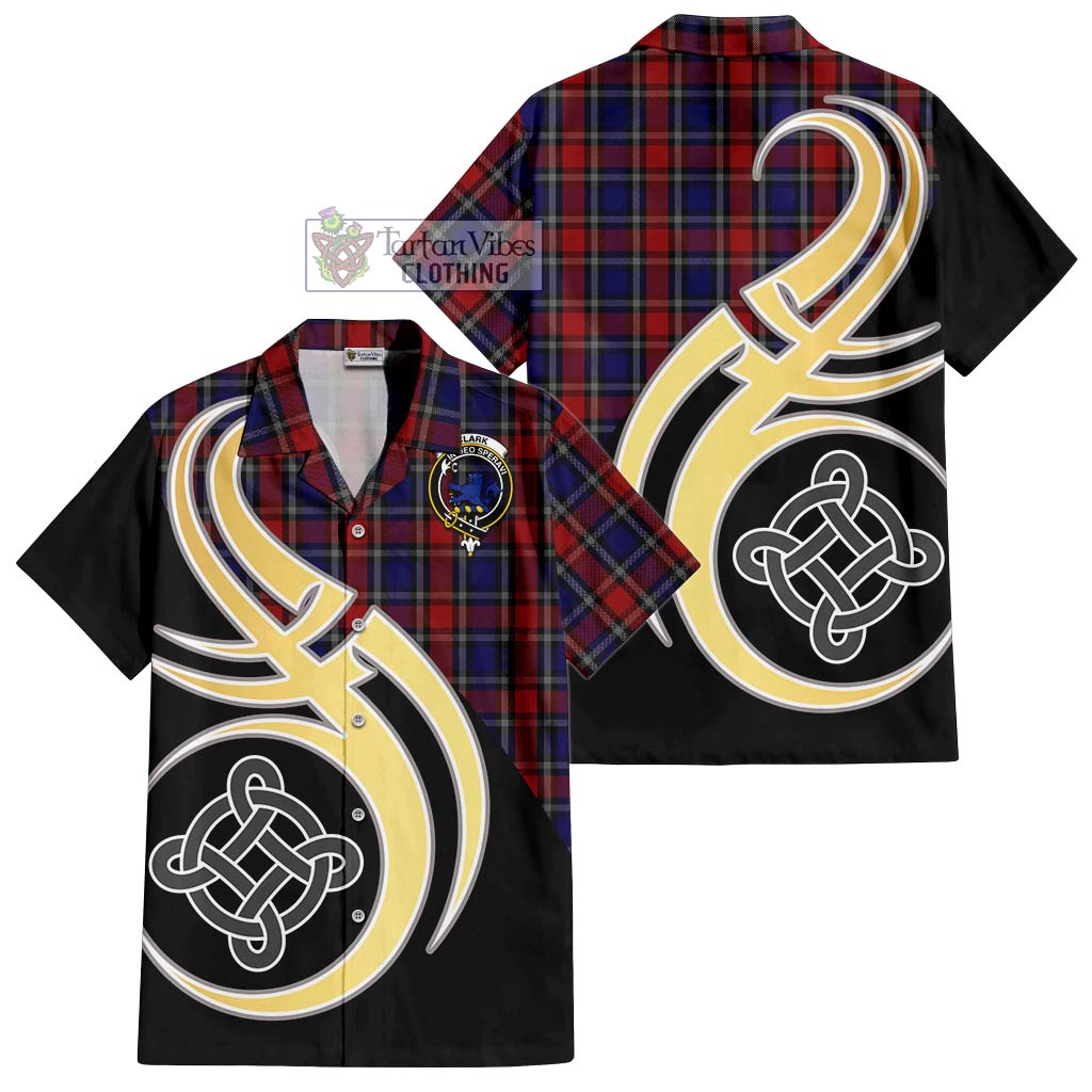 Clark (Lion) Red Tartan Short Sleeve Button Shirt with Family Crest and Celtic Symbol Style - Tartan Vibes Clothing